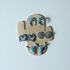 Turquoise and Silver Western Rodeo Earrings Set, horse shoe, cow skull